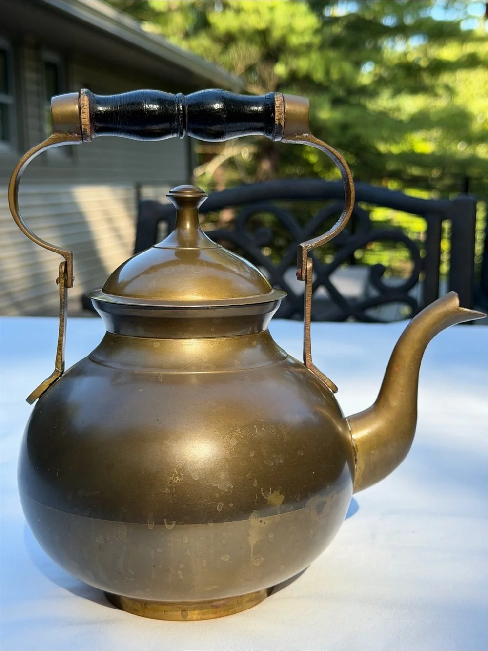 Beautiful Vintage Brass Teapot Kettle With Black Wood Handle Patina Farmhouse